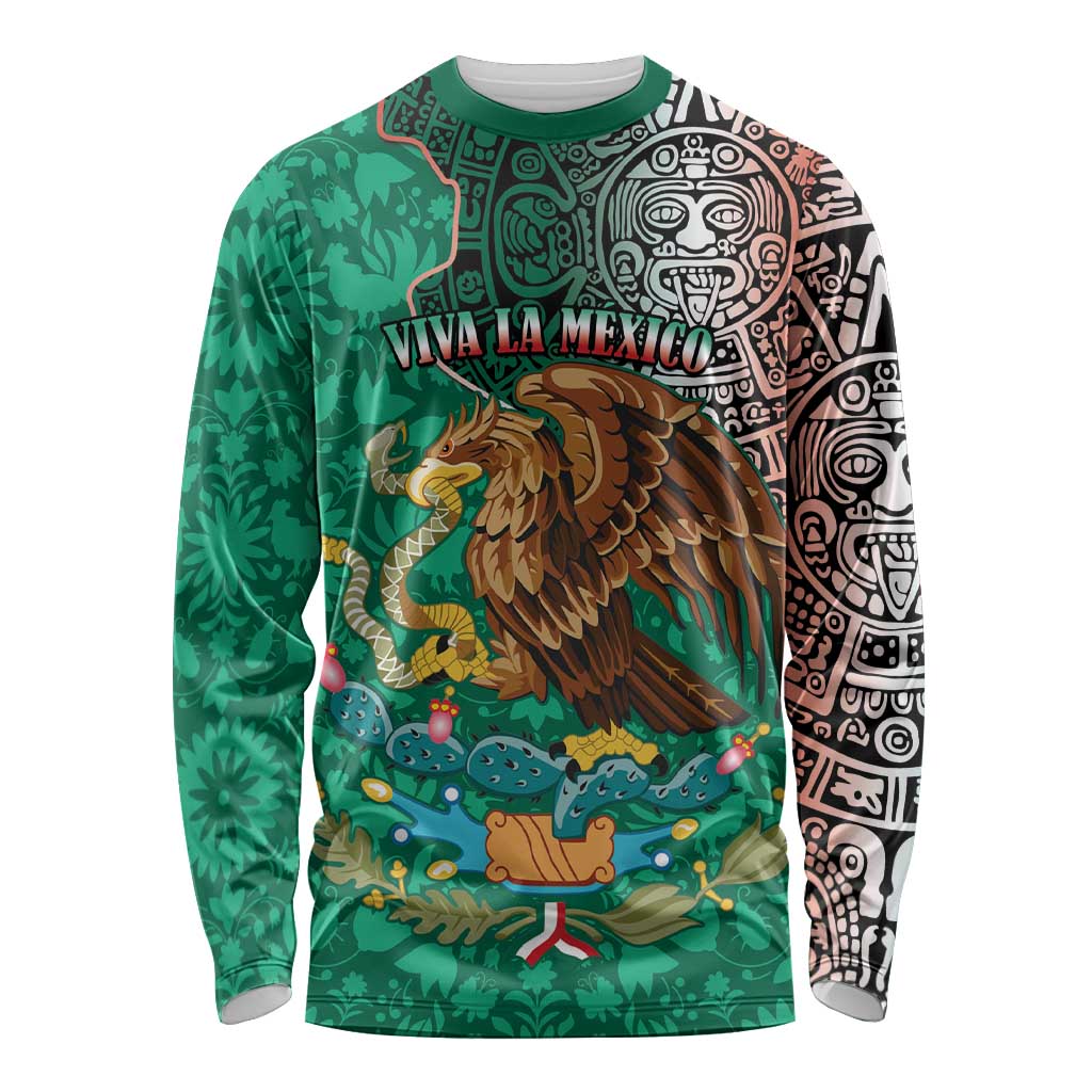 Green long-sleeve crewneck shirt with colorful Aztec and eagle graphic front