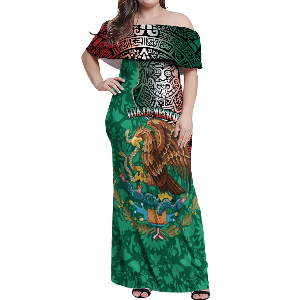 Personalised Viva La Mexico Off Shoulder Maxi Dress Coat Of Arms Aztec Mix Otomi Patterns