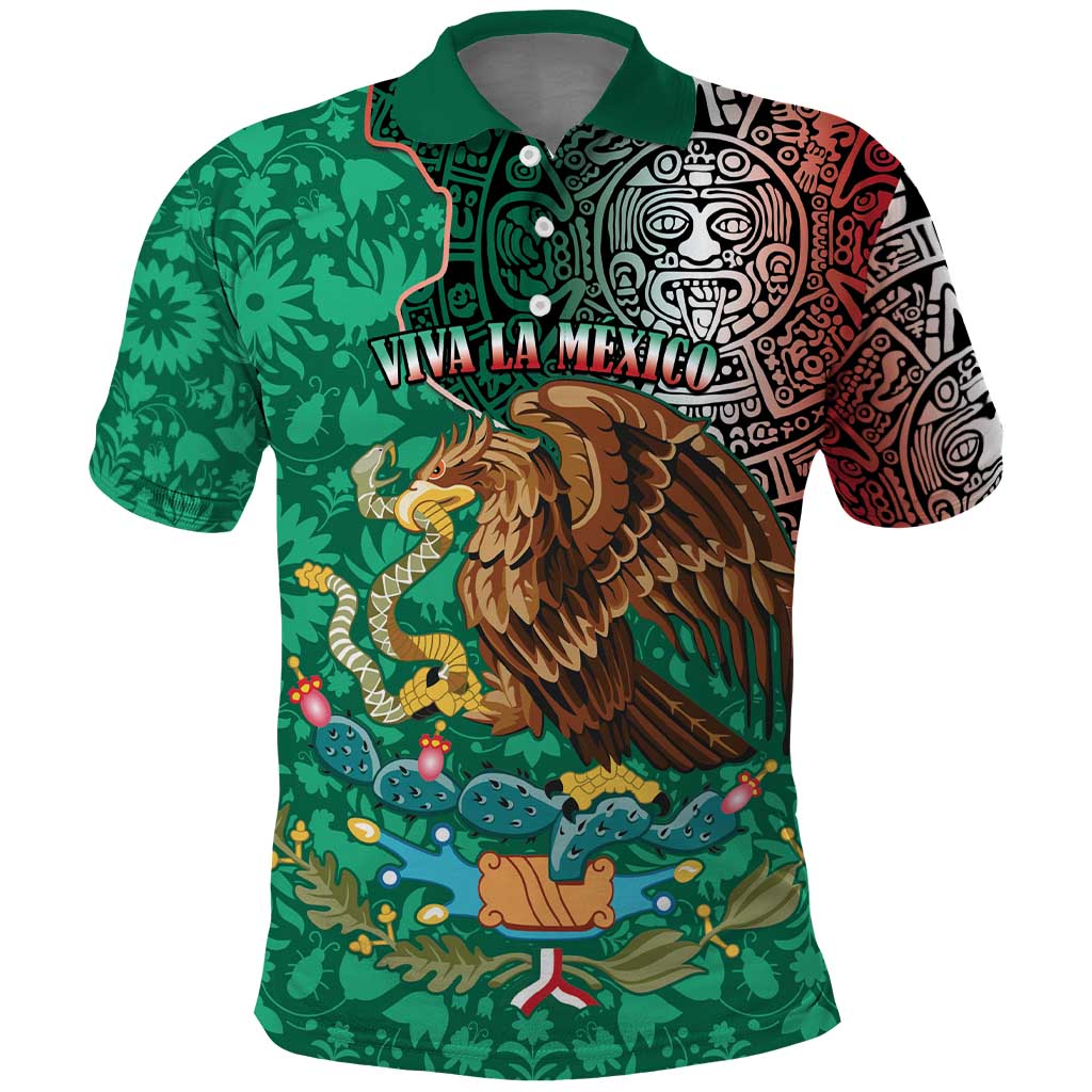 Personalised Viva La Mexico Polo Shirt Coat Of Arms Aztec Mix Otomi Patterns - Wonder Print Shop