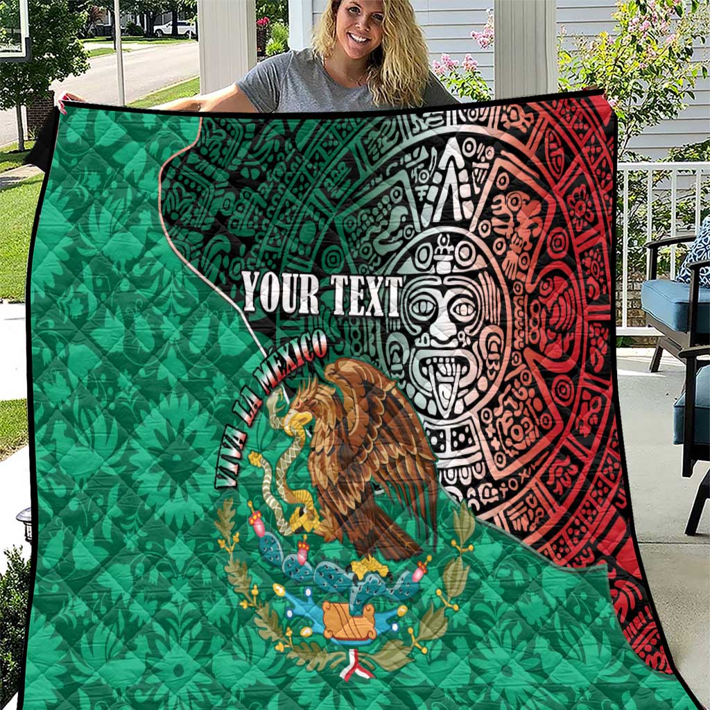 Personalized quilt blanket with green Aztec patterns, red border, eagle graphic