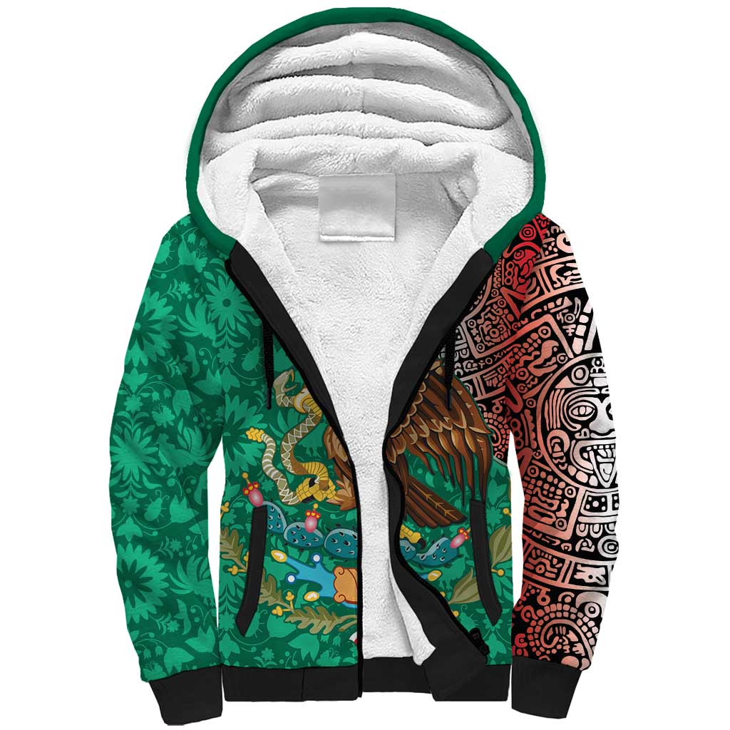 Personalised Viva La Mexico Sherpa Hoodie Coat Of Arms Aztec Mix Otomi Patterns - Wonder Print Shop