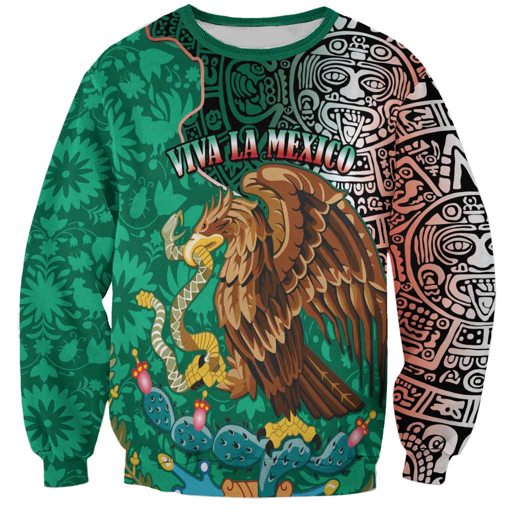 Unisex crewneck sweatshirt with green panels and colorful Aztec eagle graphic, full print
