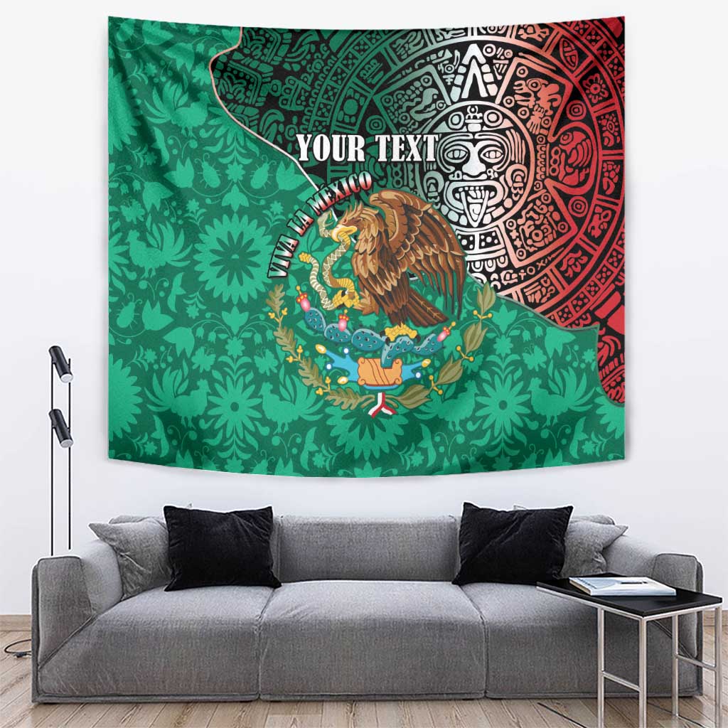 Green tapestry wall hanging with Aztec eagle, red glyph circle, and 'YOUR TEXT'.