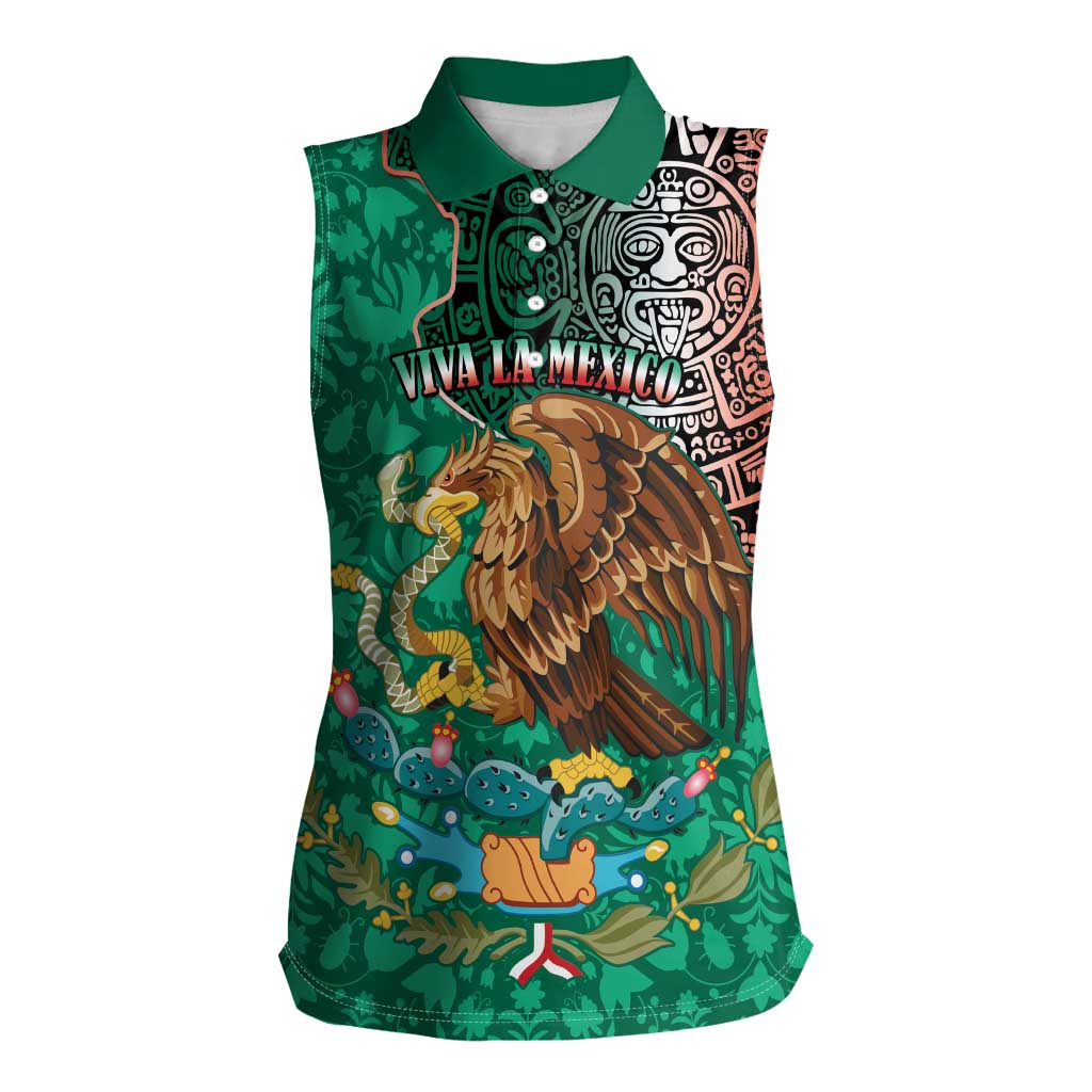 Personalised Viva La Mexico Women Sleeveless Polo Shirt Coat Of Arms Aztec Mix Otomi Patterns - Wonder Print Shop