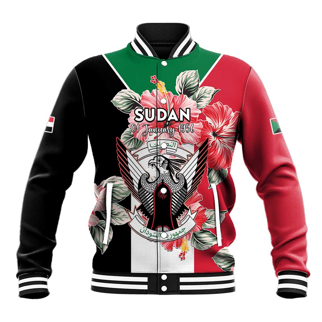 Color-block baseball jacket with Sudan crest graphic, ribbed collar and cuffs