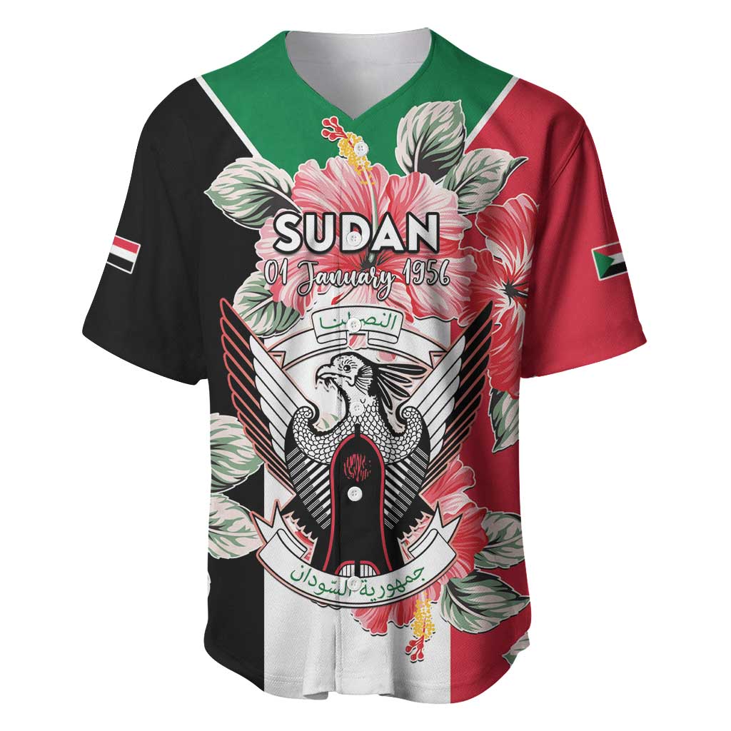 Personalised Sudan Independence Day Baseball Jersey Coat Of Arms Mix Hisbicus - Wonder Print Shop