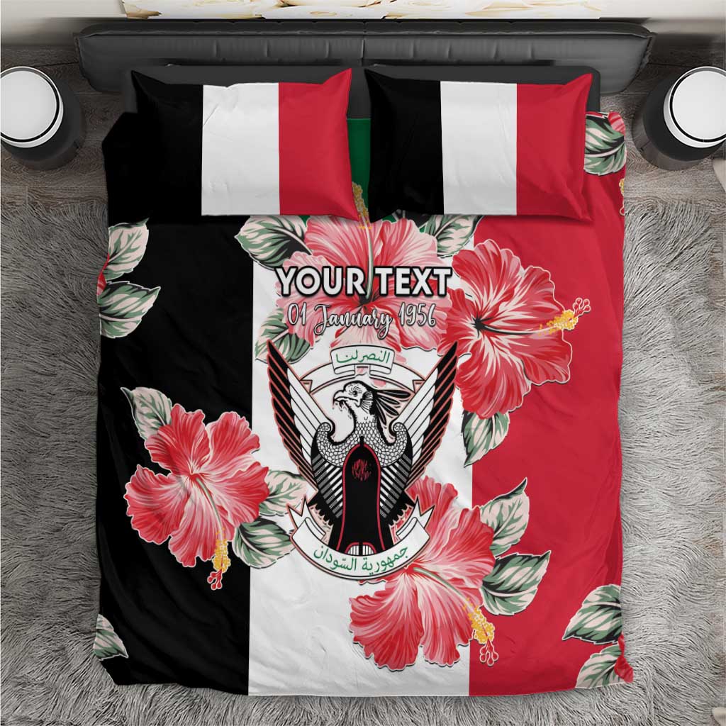 Personalised duvet set with two pillowcases; black/white/red stripes, hibiscus flowers, coat of arms