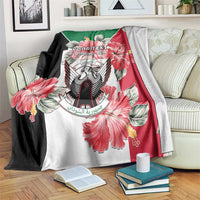 Personalized blanket coat, green/red/black with floral crest and text placeholder
