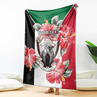 Personalized blanket coat, draped green/red/black with floral crest and YOUR TEXT