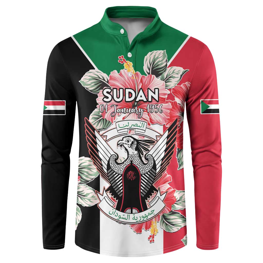 Green red black button henley sweatshirt with Sudan coat of arms and floral print