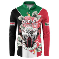 Green red black button henley sweatshirt with Sudan coat of arms and floral print