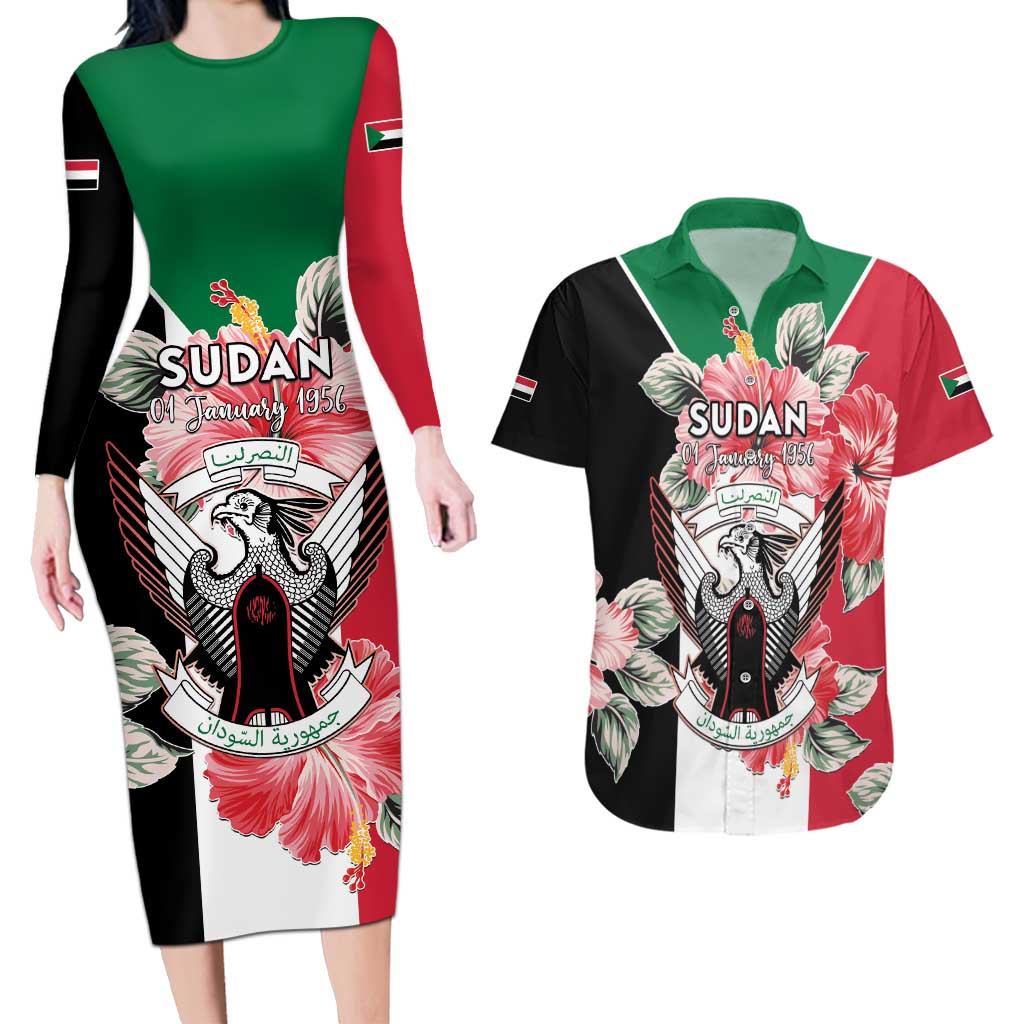 Personalised Sudan Independence Day Couples Matching Long Sleeve Bodycon Dress and Hawaiian Shirt Coat Of Arms Mix Hisbicus - Wonder Print Shop