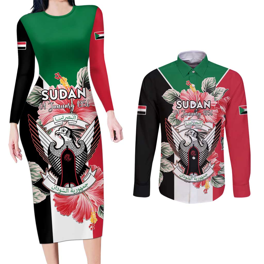 Personalised Sudan Independence Day Couples Matching Long Sleeve Bodycon Dress and Long Sleeve Button Shirt Coat Of Arms Mix Hisbicus - Wonder Print Shop