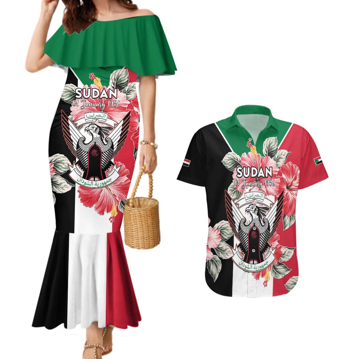 Personalised Sudan Independence Day Couples Matching Mermaid Dress and Hawaiian Shirt Coat Of Arms Mix Hisbicus - Wonder Print Shop