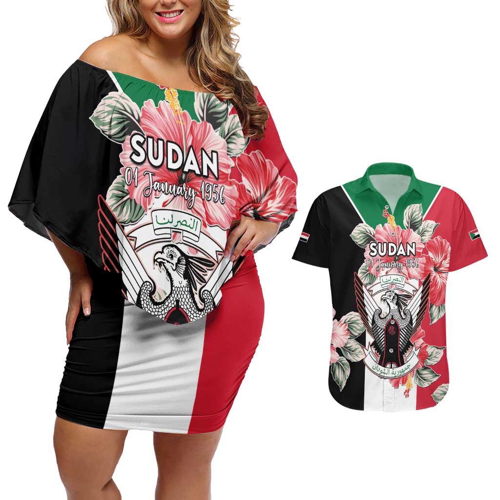 Personalised Sudan Independence Day Couples Matching Off Shoulder Short Dress and Hawaiian Shirt Coat Of Arms Mix Hisbicus - Wonder Print Shop