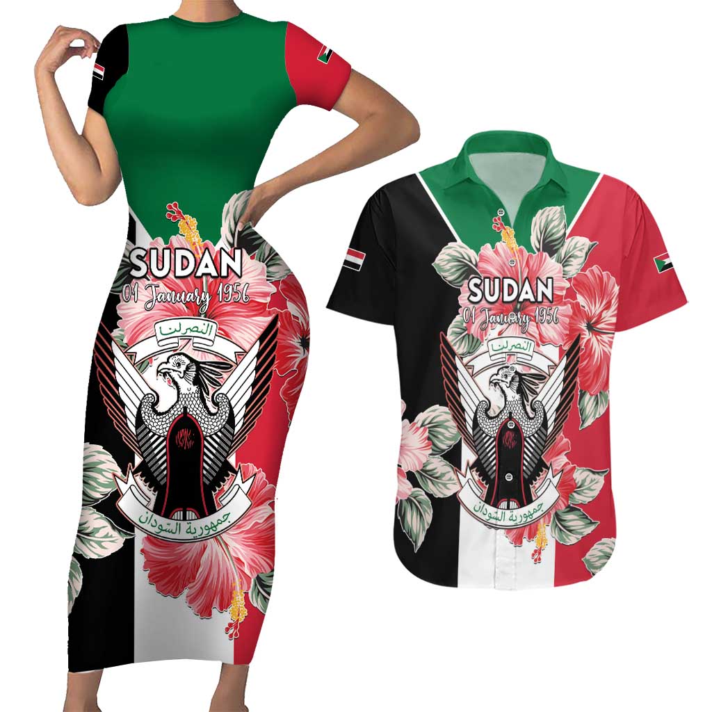 Personalised Sudan Independence Day Couples Matching Short Sleeve Bodycon Dress and Hawaiian Shirt Coat Of Arms Mix Hisbicus - Wonder Print Shop