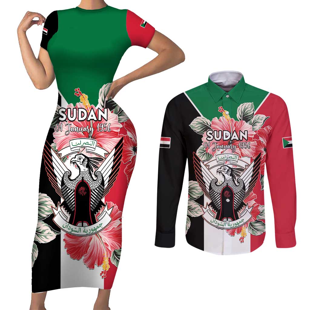 Personalised Sudan Independence Day Couples Matching Short Sleeve Bodycon Dress and Long Sleeve Button Shirt Coat Of Arms Mix Hisbicus - Wonder Print Shop