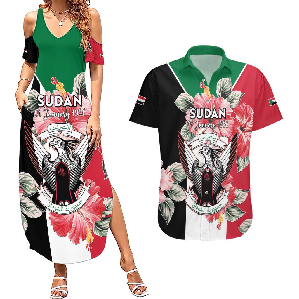 Personalised Sudan Independence Day Couples Matching Summer Maxi Dress and Hawaiian Shirt Coat Of Arms Mix Hisbicus - Wonder Print Shop