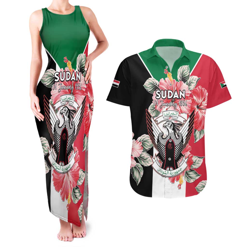 Personalised Sudan Independence Day Couples Matching Tank Maxi Dress and Hawaiian Shirt Coat Of Arms Mix Hisbicus - Wonder Print Shop