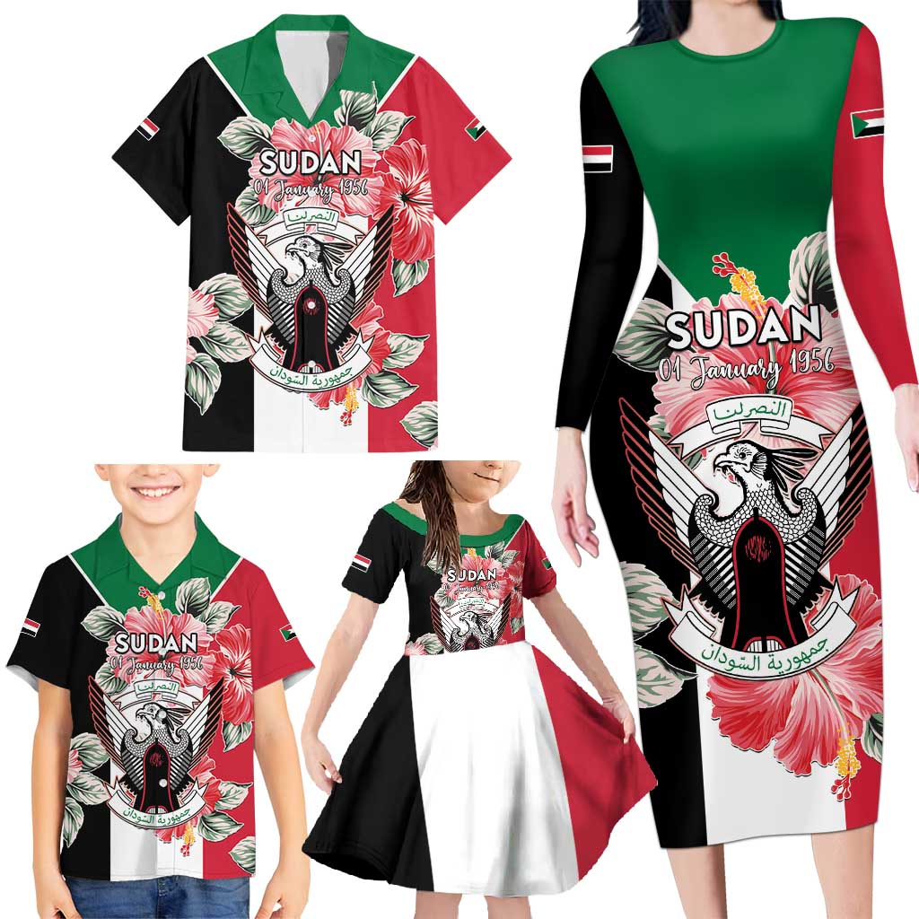 Personalised Sudan Independence Day Family Matching Long Sleeve Bodycon Dress and Hawaiian Shirt Coat Of Arms Mix Hisbicus - Wonder Print Shop