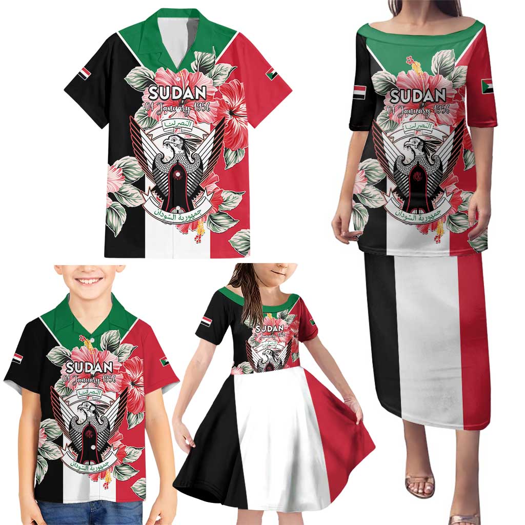 Personalised Sudan Independence Day Family Matching Puletasi and Hawaiian Shirt Coat Of Arms Mix Hisbicus - Wonder Print Shop