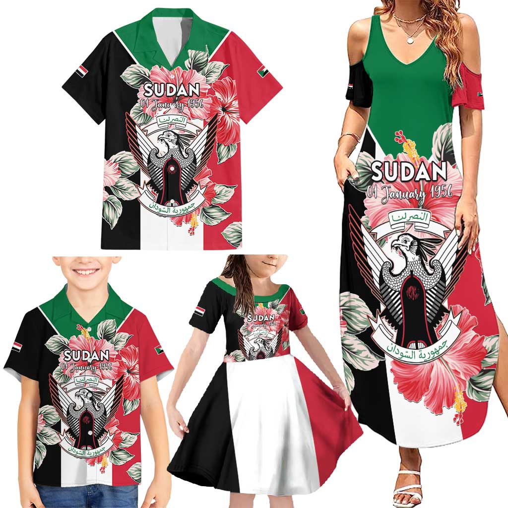 Personalised Sudan Independence Day Family Matching Summer Maxi Dress and Hawaiian Shirt Coat Of Arms Mix Hisbicus - Wonder Print Shop