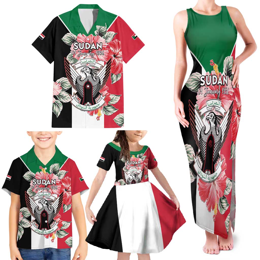 Personalised Sudan Independence Day Family Matching Tank Maxi Dress and Hawaiian Shirt Coat Of Arms Mix Hisbicus - Wonder Print Shop