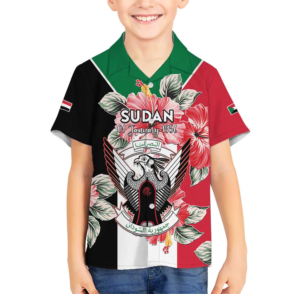 Personalised Sudan Independence Day Kid Hawaiian Shirt Coat Of Arms Mix Hisbicus - Wonder Print Shop