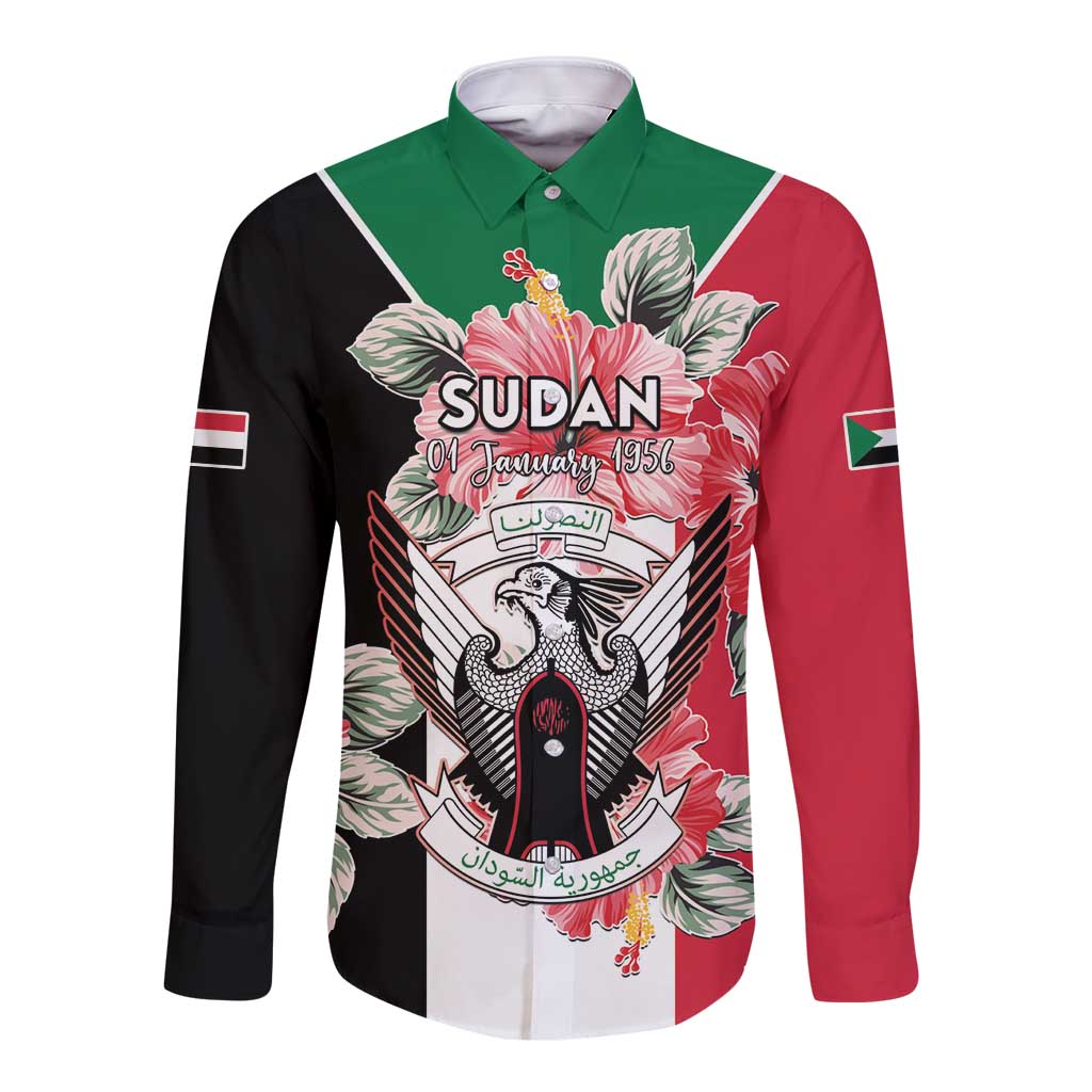 Personalised Sudan Independence Day Long Sleeve Button Shirt Coat Of Arms Mix Hisbicus - Wonder Print Shop