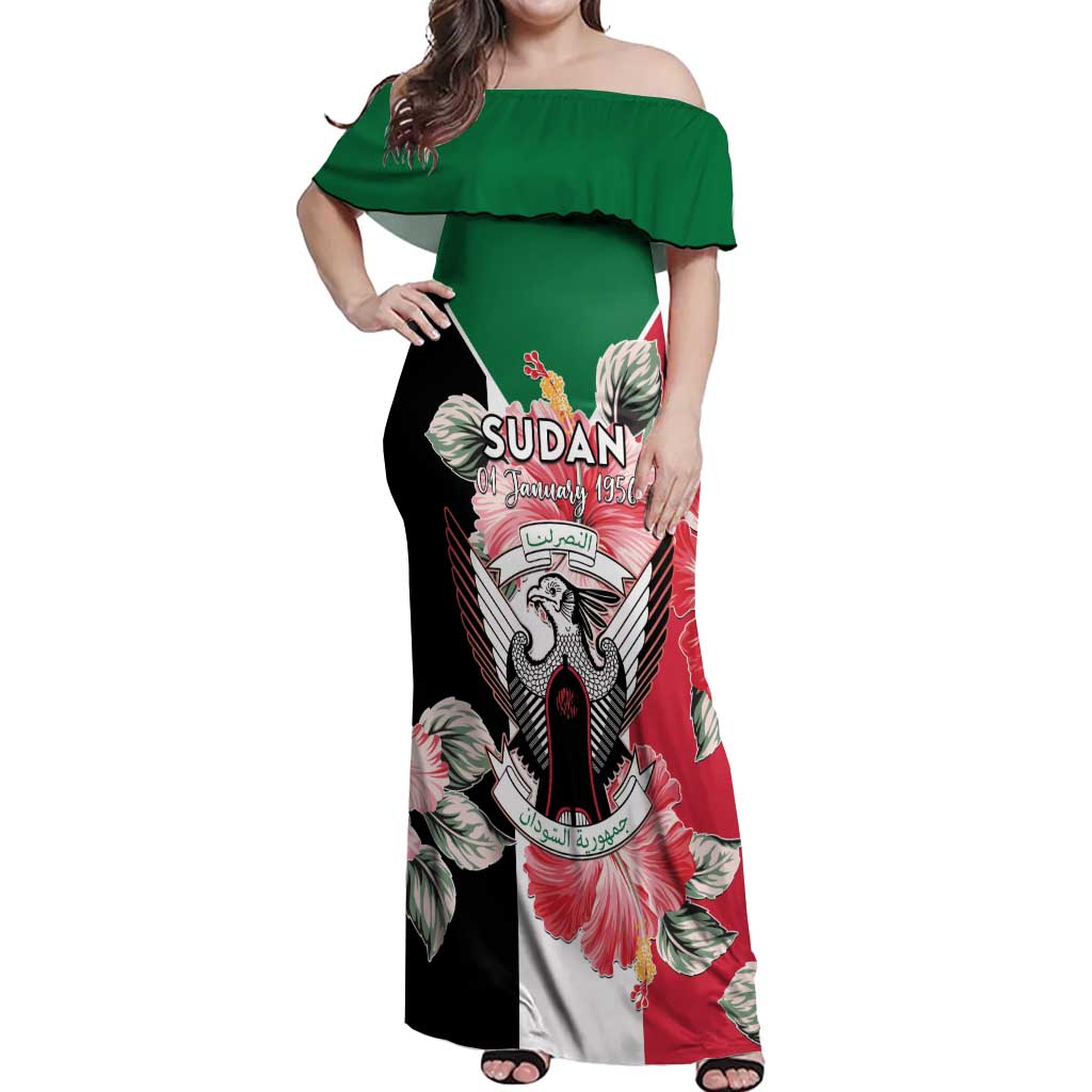 Personalised Sudan Independence Day Off Shoulder Maxi Dress Coat Of Arms Mix Hisbicus - Wonder Print Shop