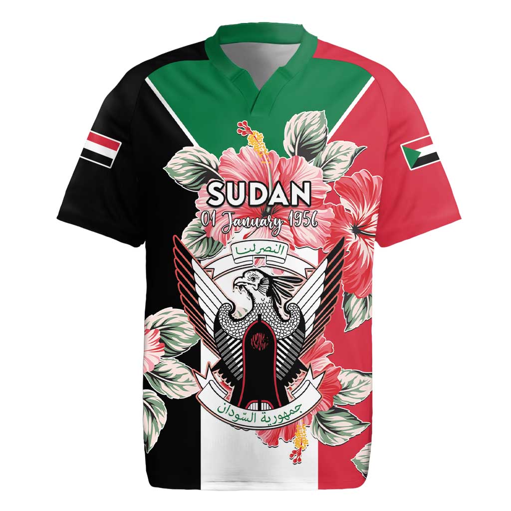 Personalised Sudan Independence Day Rugby Jersey Coat Of Arms Mix Hisbicus - Wonder Print Shop