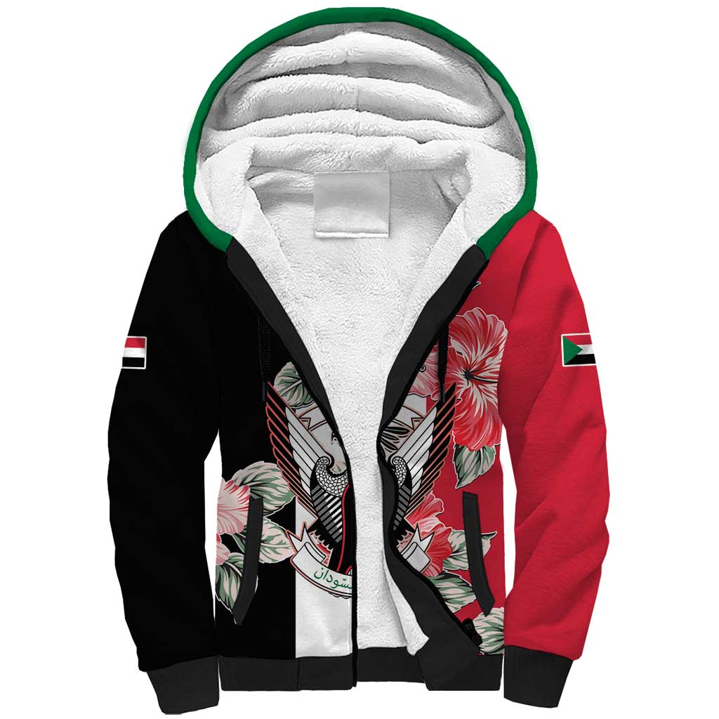 Personalised Sudan Independence Day Sherpa Hoodie Coat Of Arms Mix Hisbicus - Wonder Print Shop