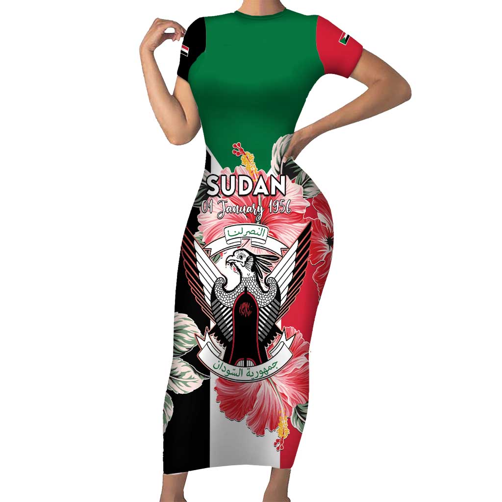 Personalised Sudan Independence Day Short Sleeve Bodycon Dress Coat Of Arms Mix Hisbicus - Wonder Print Shop