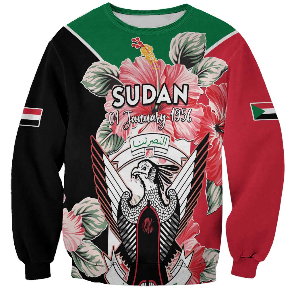 Unisex crewneck sweatshirt with large Sudan crest graphic, green red and black sleeves