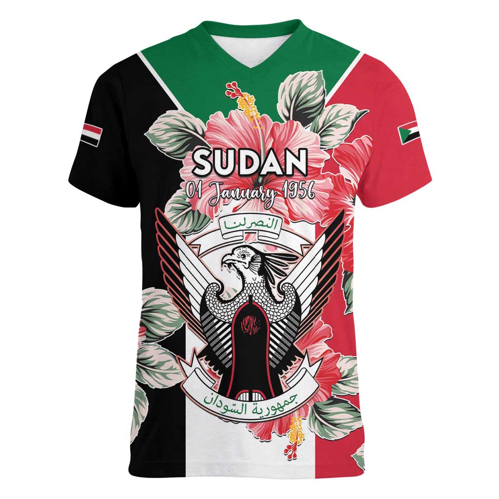 Personalised Sudan Independence Day Women V-Neck T-Shirt Coat Of Arms Mix Hisbicus - Wonder Print Shop