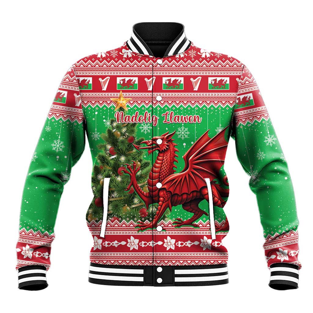 Green Christmas baseball jacket with Welsh dragon graphic and striped ribbed collar