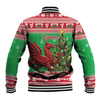 Green Christmas baseball jacket, back graphic of Welsh dragon with holiday pattern