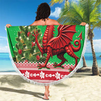 Round green Welsh dragon holiday blanket with Christmas tree motif and white tassel fringe