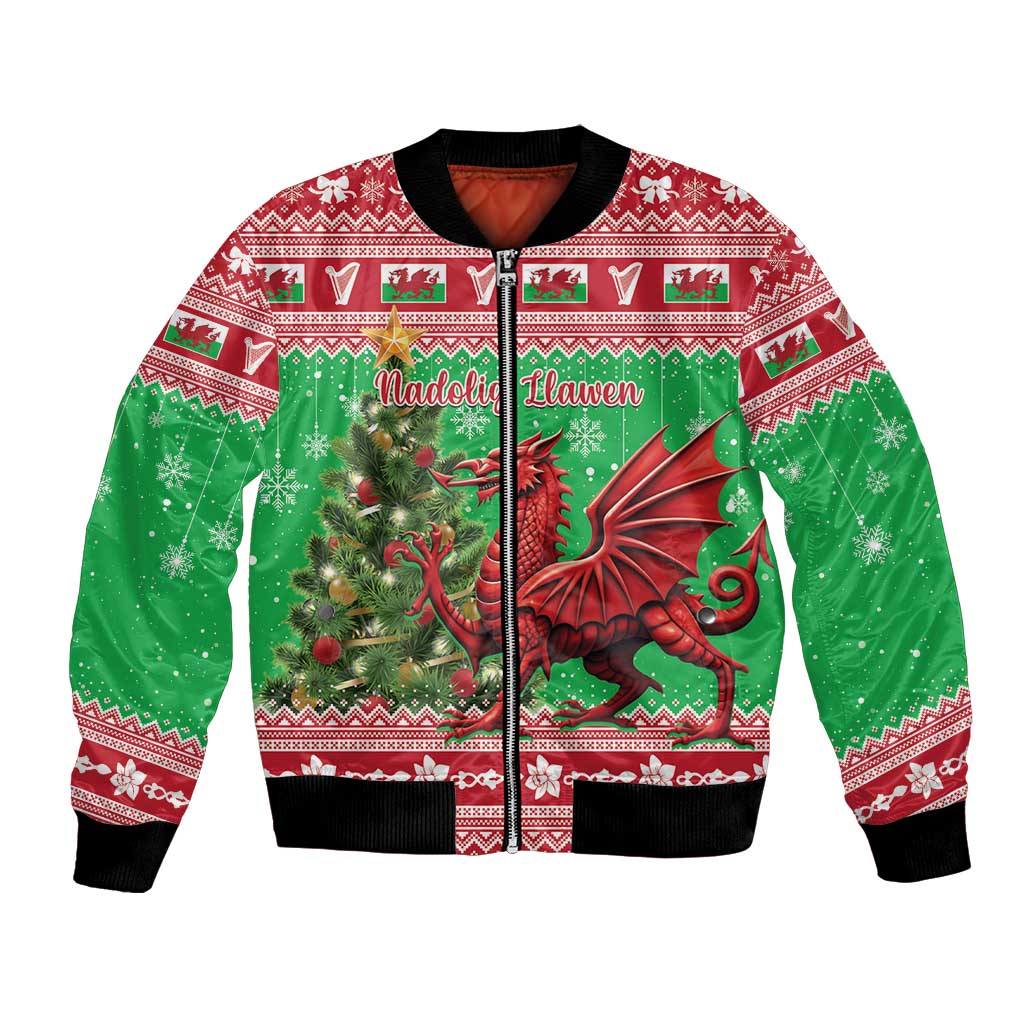 Green Christmas bomber jacket with red dragon graphic, ribbed collar and full zip front