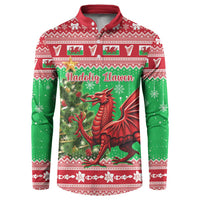 Red-collared Christmas button sweatshirt with dragon graphic and festive banner text