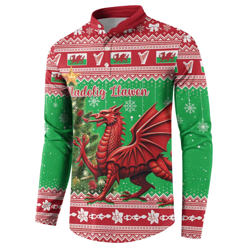 Green and red Christmas button sweatshirt with dragon graphic and patterned trim