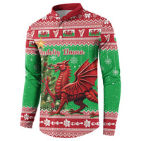 Green and red Christmas button sweatshirt with dragon graphic and patterned trim