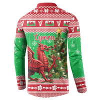 Green and red Christmas button sweatshirt, back view with dragon graphic and “Tymru” text