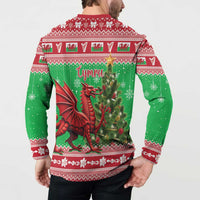 Green and red Christmas button sweatshirt, back view with dragon graphic and “Tymru” lettering
