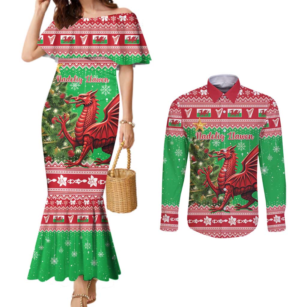 Wales Christmas Couples Matching Mermaid Dress and Long Sleeve Button Shirt Welsh Dragon Nadolig Llawen