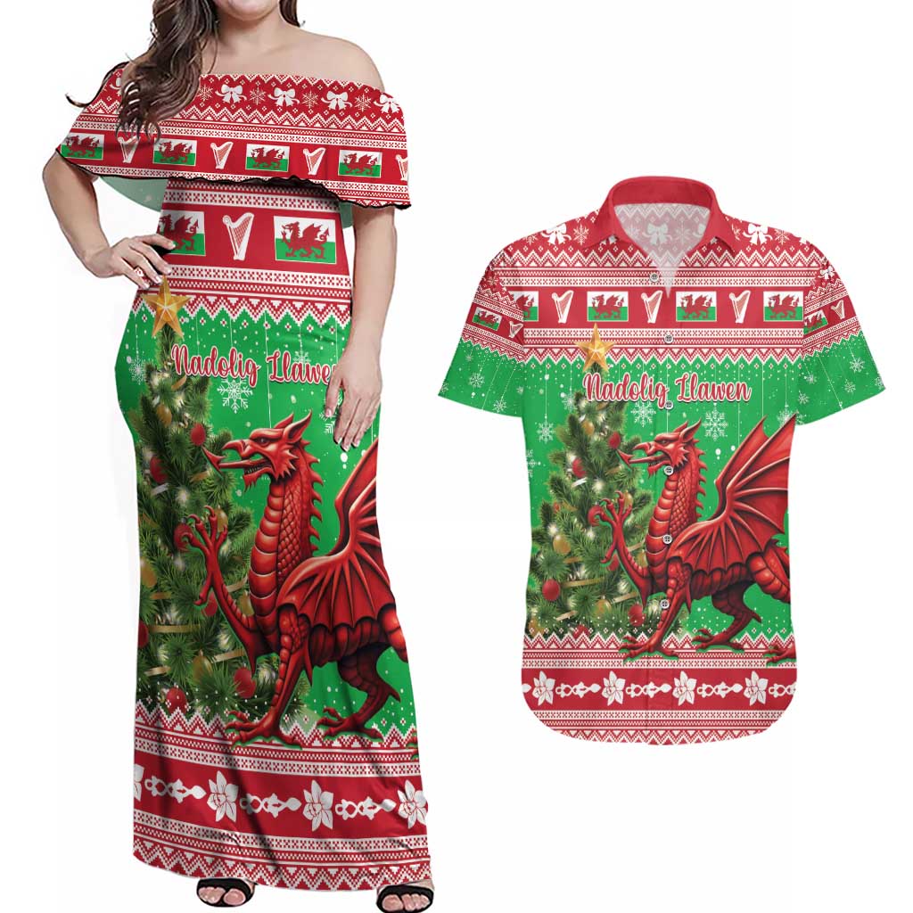 Wales Christmas Couples Matching Off Shoulder Maxi Dress and Hawaiian Shirt Welsh Dragon Nadolig Llawen - Wonder Print Shop