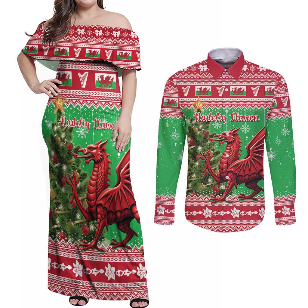 Wales Christmas Couples Matching Off Shoulder Maxi Dress and Long Sleeve Button Shirt Welsh Dragon Nadolig Llawen - Wonder Print Shop