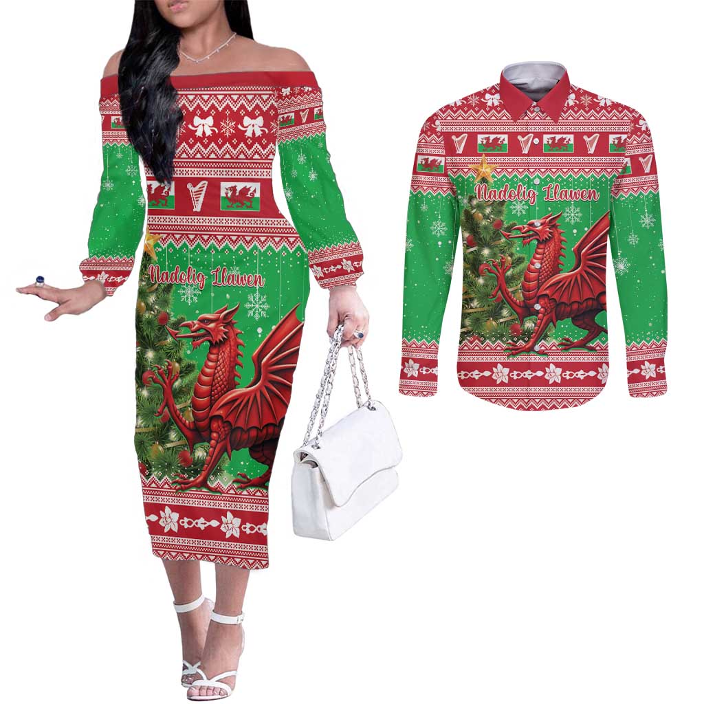 Wales Christmas Couples Matching Off The Shoulder Long Sleeve Dress and Long Sleeve Button Shirt Welsh Dragon Nadolig Llawen