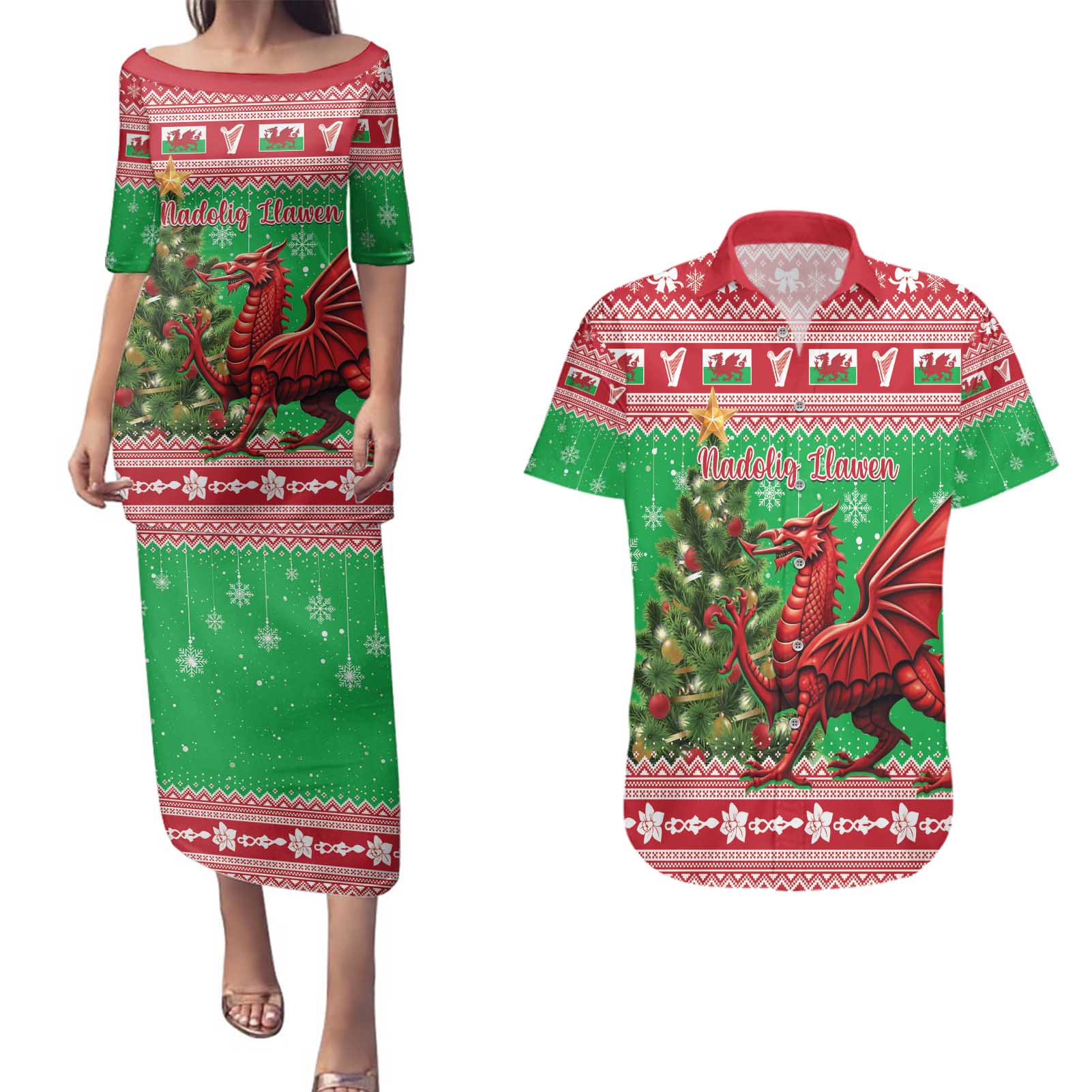 Wales Christmas Couples Matching Puletasi and Hawaiian Shirt Welsh Dragon Nadolig Llawen - Wonder Print Shop