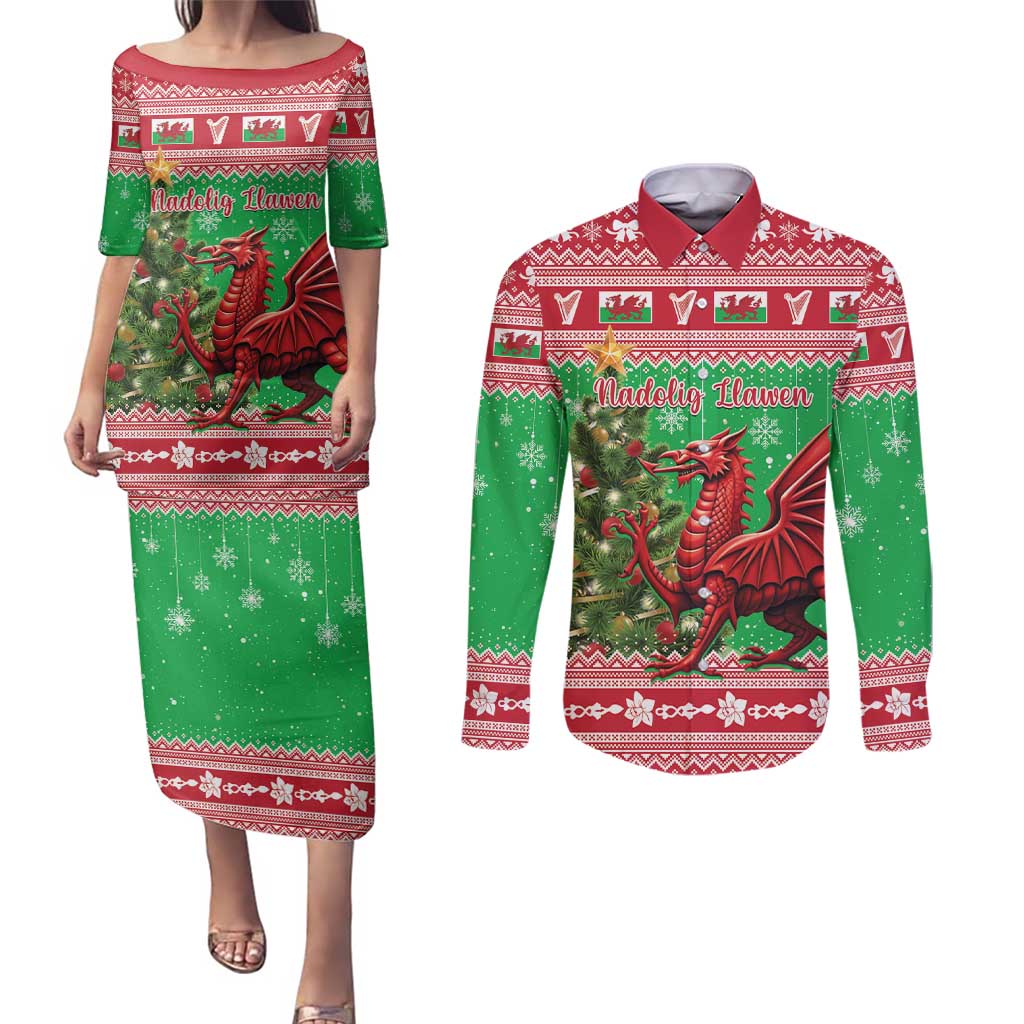 Wales Christmas Couples Matching Puletasi and Long Sleeve Button Shirt Welsh Dragon Nadolig Llawen - Wonder Print Shop